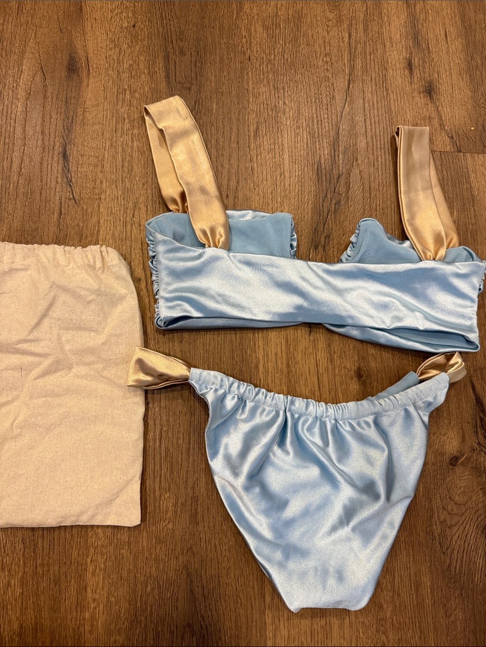 Divino Seas Light Blue Satin Bandeau Bikini with Champagne Straps - Picture 3 of 3